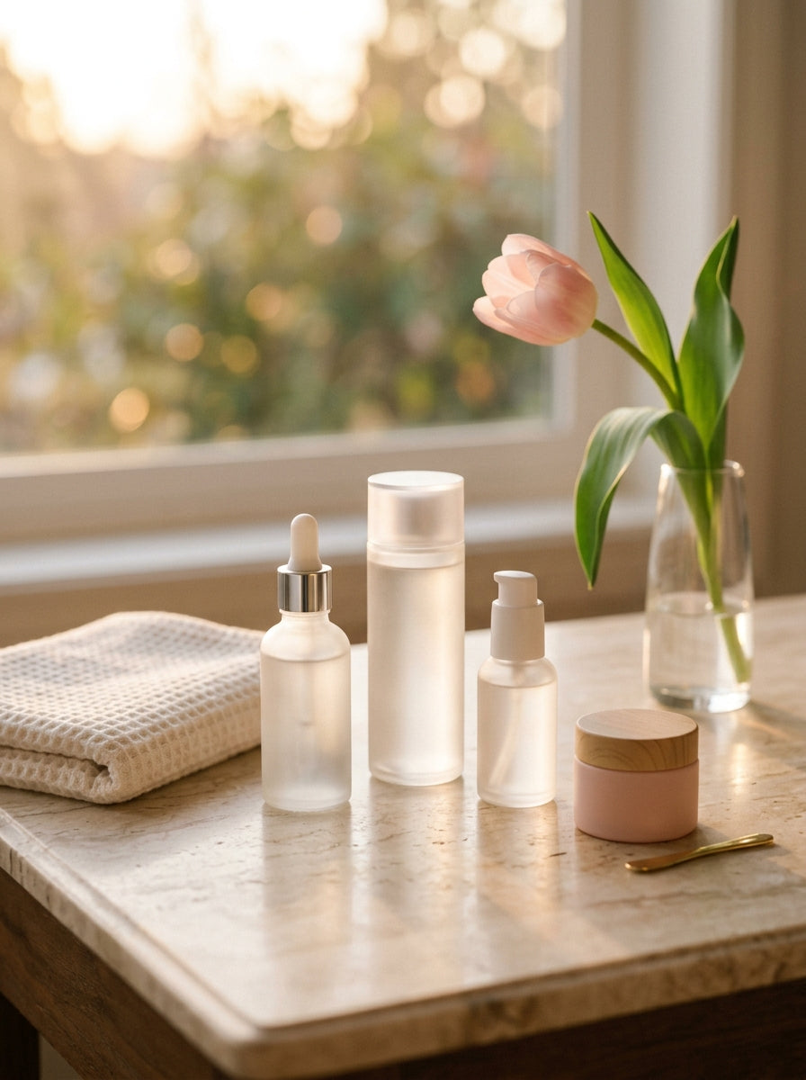 Ritual K-beauty al atardecer: frascos sobre tocador de marmol con tulipan rosa