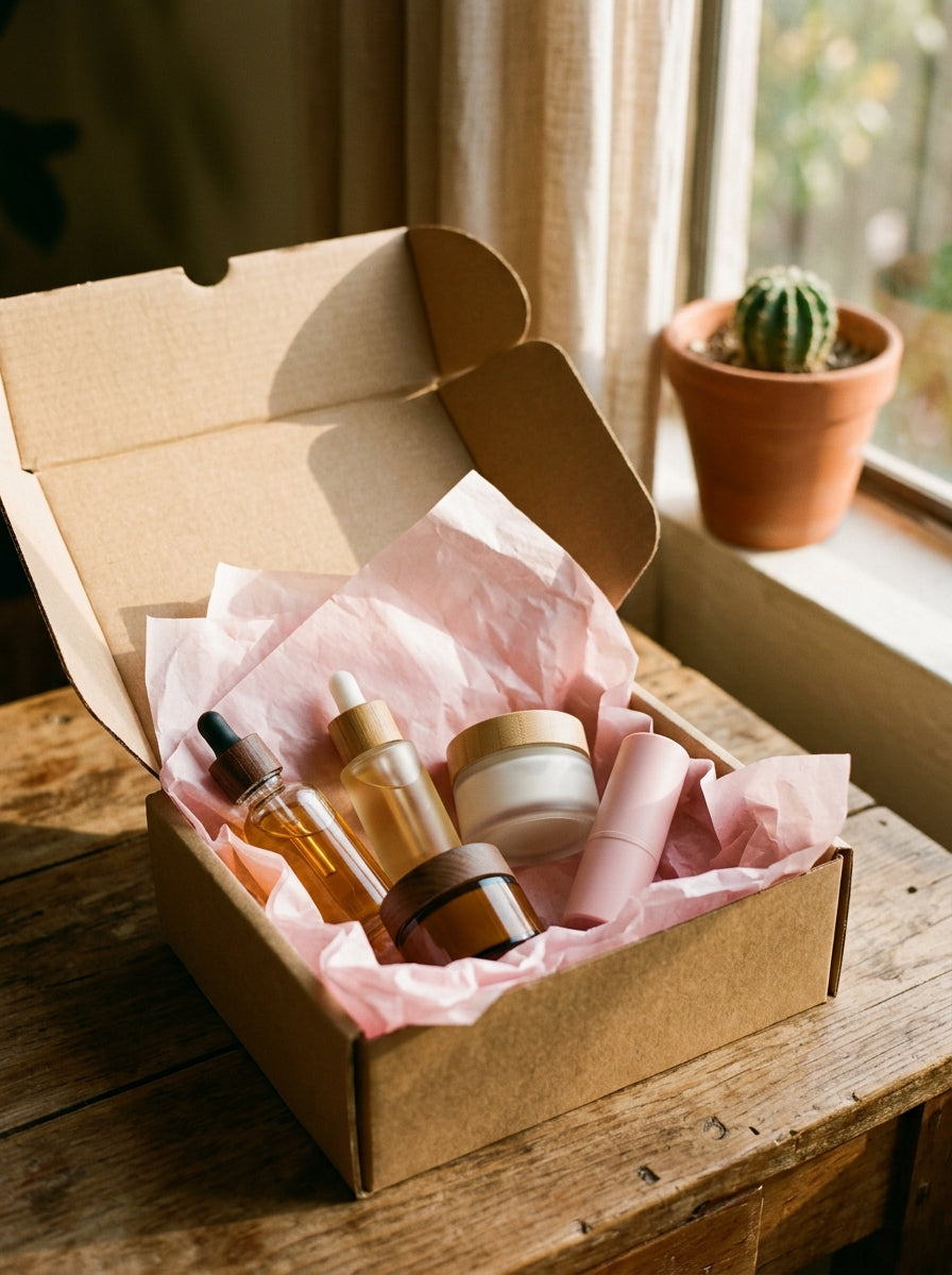 Pedido Beuelle: caja kraft con papel rosa junto a ventana con luz calida y cactus