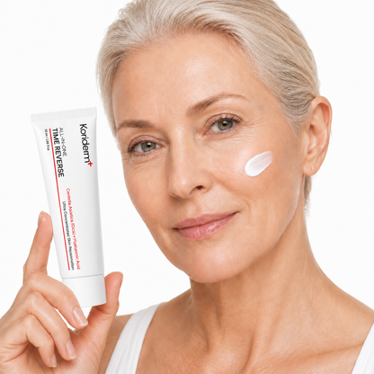 Mujer aplicando Koriderm Crema Time Reverse en el rostro